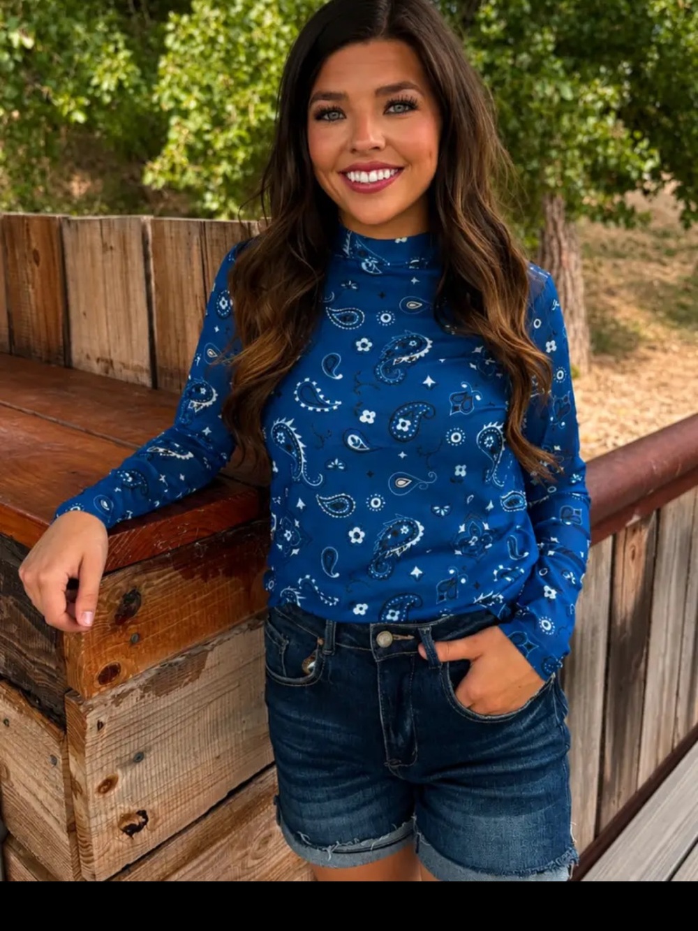 Blue Paisley Mock Neck Long-Sleeve Top